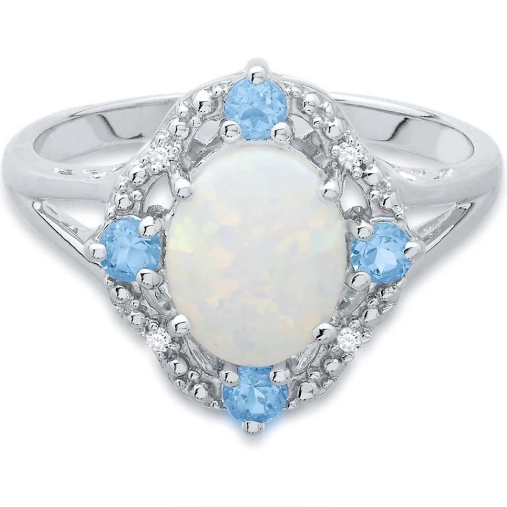 Lab Created Opal, Natural Diamond and Natural Blue Topaz Ring Sterling Silver